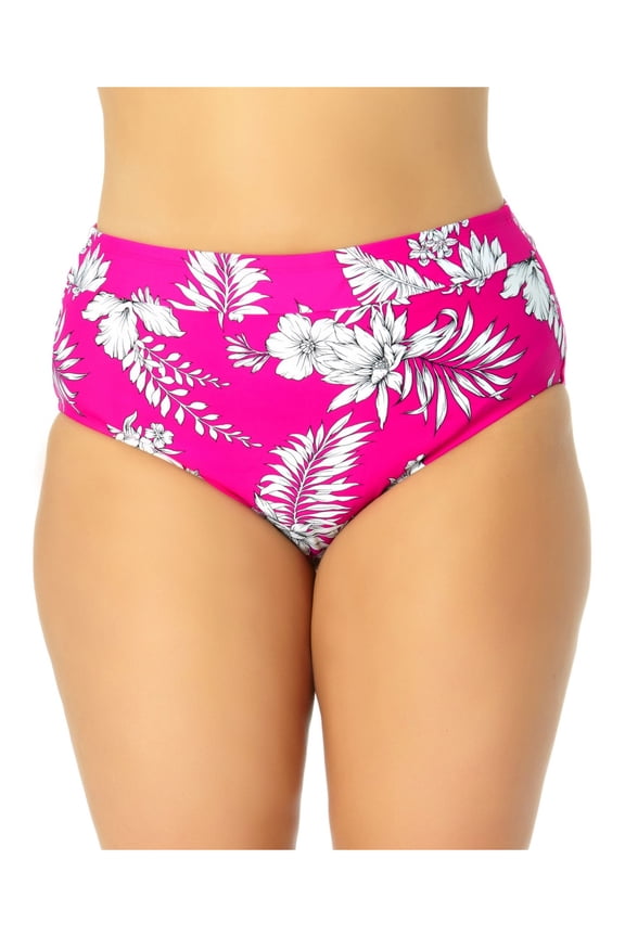 PLUS Women's Multi Color Tropical Print Stretch Banded Lined Bikini Moderate Coverage High Waisted Swimsuit Bottom 2