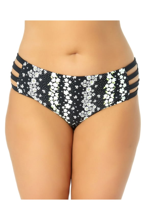 Women's Black Floral Stretch Lined Moderate Coverage Strappy Bikini Swimsuit Bottom 1X