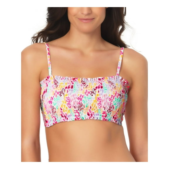CALIFORNIA WAVES Women's Multi Color Printed Stretch Bikini Smocked Removable cups Tie Convertible Bandeau Swimsuit Top S