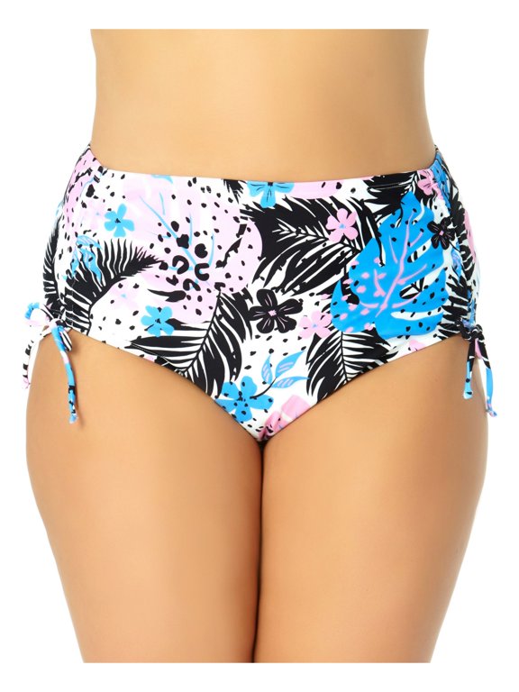 Women's Multi Color Printed Stretch Cinched Side-Tie Bikini Moderate Coverage Strappy High Waisted Swimsuit Bottom 3X