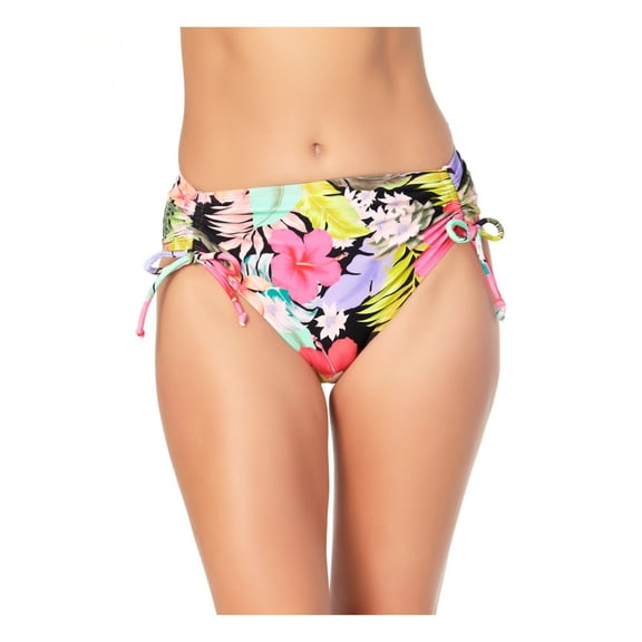 CALIFORNIA WAVES Women's Multi Color Tropical Print Stretch Cinch Tie Details Moderate Coverage High Waisted Swimsuit Bottom L