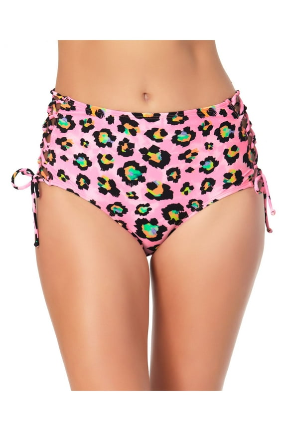 Women's Pink Animal Print Stretch Lace-Up-Side Lined Moderate Coverage Tie High Waisted Swimsuit Bottom S