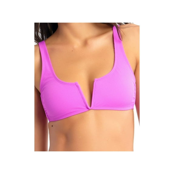 CALIFORNIA WAVES Women's Purple Stretch Removable Cups Tie V-Wire Ribbed Adjustable Bralette Swimsuit Top M