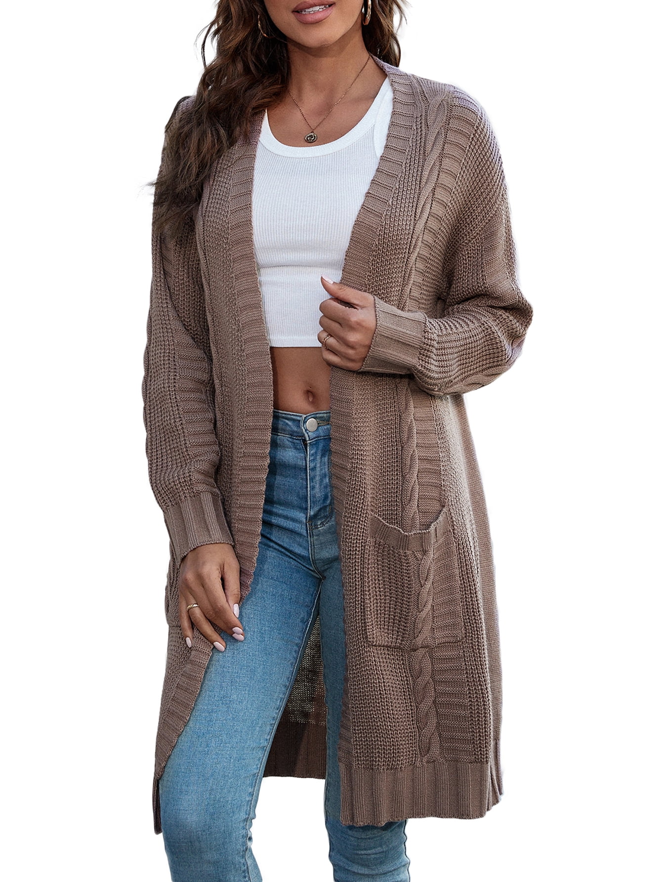 CALIPESSA Drop Shoulder Cable Knit Pocket Patched Casual Long Sleeve Khaki  Cardigan For Womens