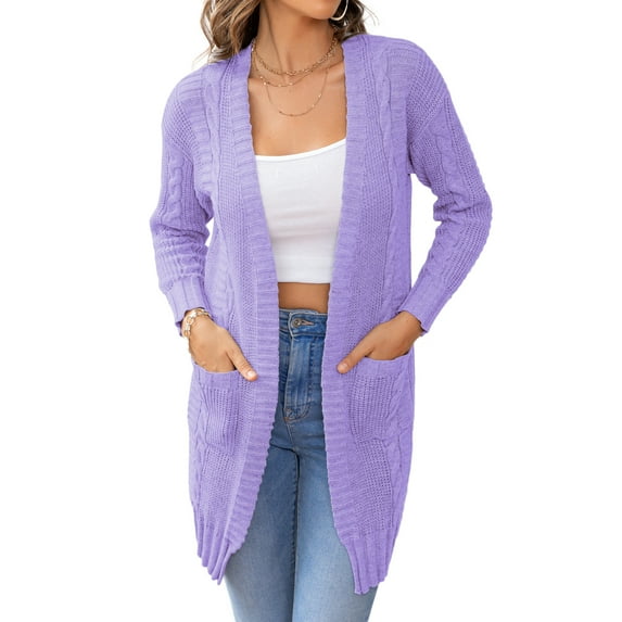 CALIPESSA Drop Shoulder Cable Knit Pocket Patched Casual Long Sleeve Purple Cardigan For Womens