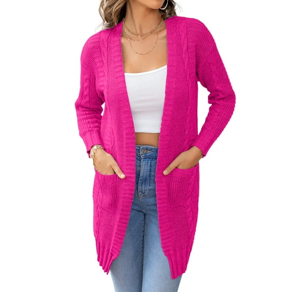 CALIPESSA Drop Shoulder Cable Knit Pocket Patched Casual Long Sleeve Red Cardigan For Womens