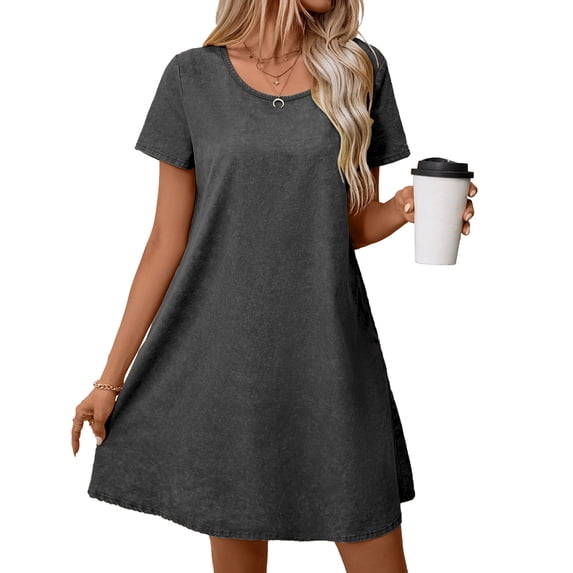 CALIPESSA Short Sleeve Pockets Casual Loose Summer Tshirt Dress for Women 2024 Black M