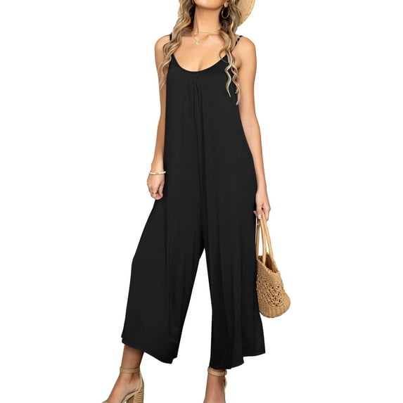 CALIPESSA Summer Solid Wide Leg Cami Black Casual Jumpsuits For Women Dressy