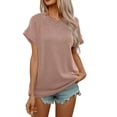 thumbnail image 1 of CALIPESSA Trendy Ribbed Tops for Women 2024 Casual Cap Sleeve Loose Summer T Shirts Khaki S, 1 of 5