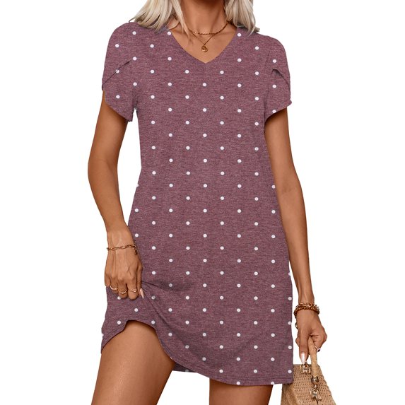 CALIPESSA V Neck Summer T Shirt Dress for Women Trendy Petal Sleeve Casual Mini Sundress Polka Dot Wine S