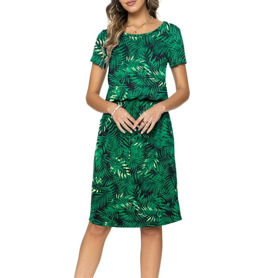 CALIPESSA Women Summer Flower Print Casual Hide Belly Drawstring Knee Length Dress