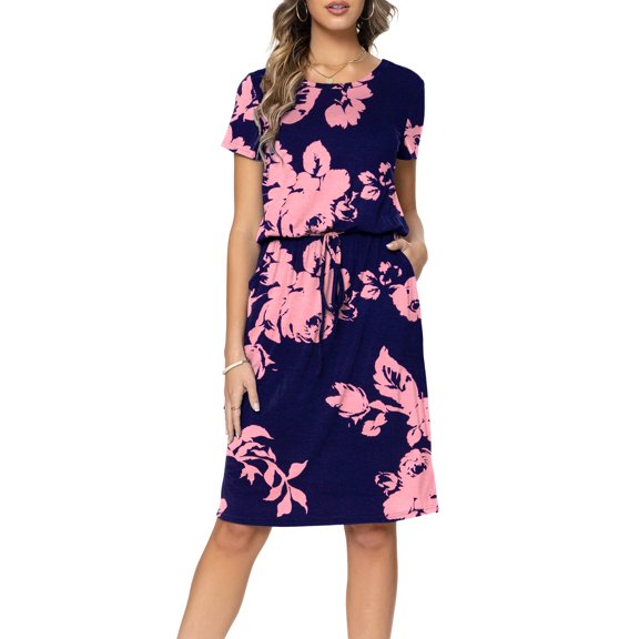 CALIPESSA Women Summer Flower Print Casual Hide Belly Drawstring Knee Length Dress