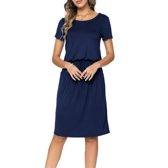 CALIPESSA Women Summer Solid Casual Hide Belly Drawstring Knee Length Dress
