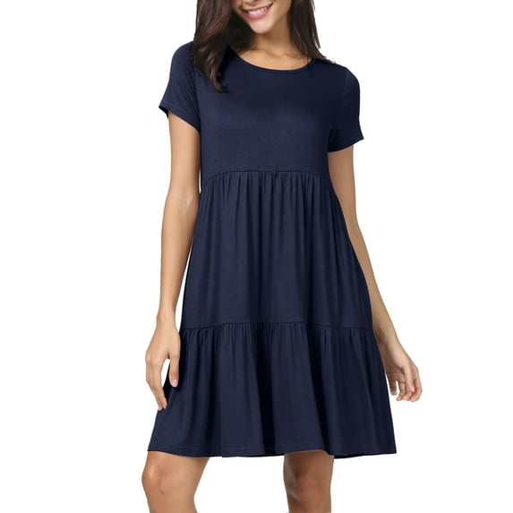 CALIPESSA Women Summer Solid Round Neck Short Sleeve Ruffle Loose Swing Casual Dress