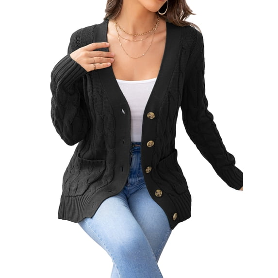 CALIPESSA Womens Cable Knit Black Cardigan Button Front Casual Loose Long Sleeve Solid Sweater Outwear With Pocket For Fall Winter S