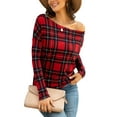 thumbnail image 1 of CALIPESSA Womens Fall Red Check One Shoulder Tops Long Sleeve Casual Loose Shirt, 1 of 5