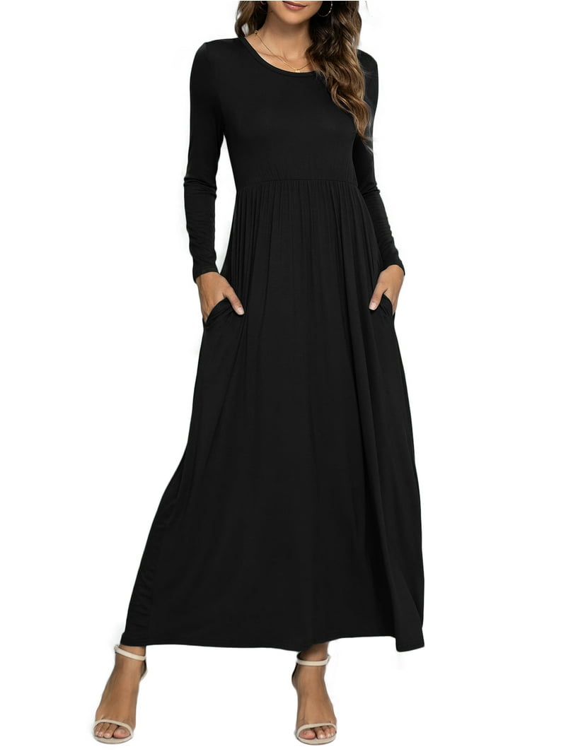 CALIPESSA Women's Long Sleeve Loose Flowy Black Maxi Dress, Solid