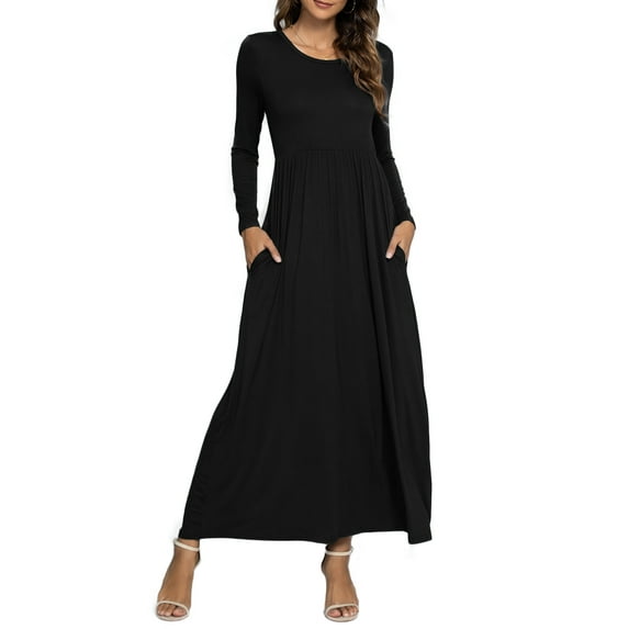 CALIPESSA Womens Fall Ruffle Tunic Solid Maxi Dress Long Sleeve Scoop Neck Black Casual A-Line Dress With Pocket