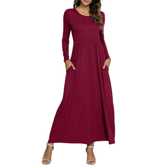 CALIPESSA Womens Fall Ruffle Tunic Solid Maxi Dress Long Sleeve Scoop Neck Burgundy Casual A-Line Dress With Pocket