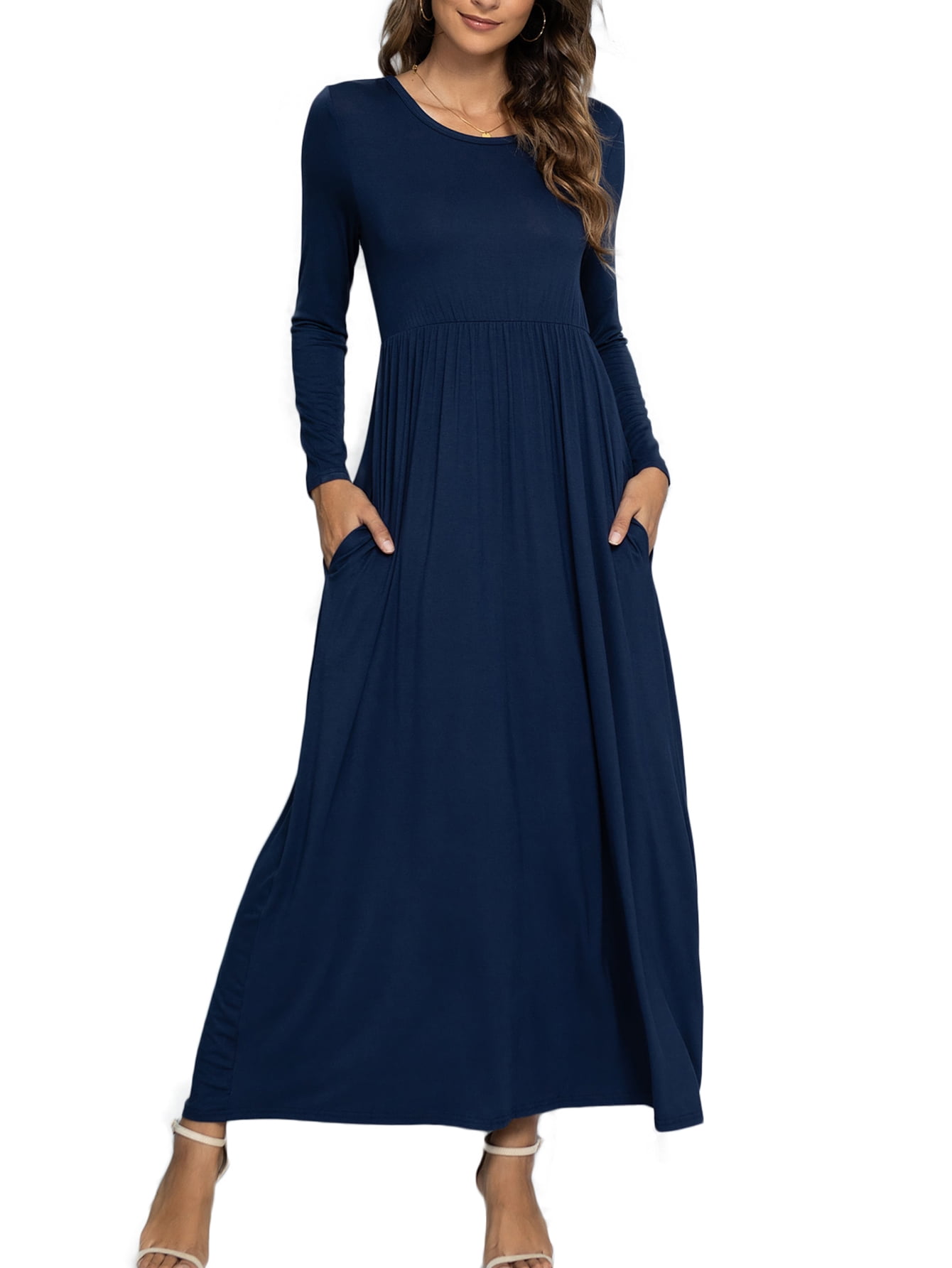 CALIPESSA Womens Fall Ruffle Tunic Solid Maxi Dress Long Sleeve Scoop