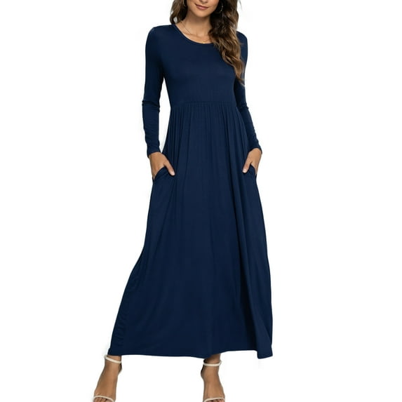CALIPESSA Womens Fall Ruffle Tunic Solid Maxi Dress Long Sleeve Scoop Neck Navy Blue Casual A-Line Dress With Pocket