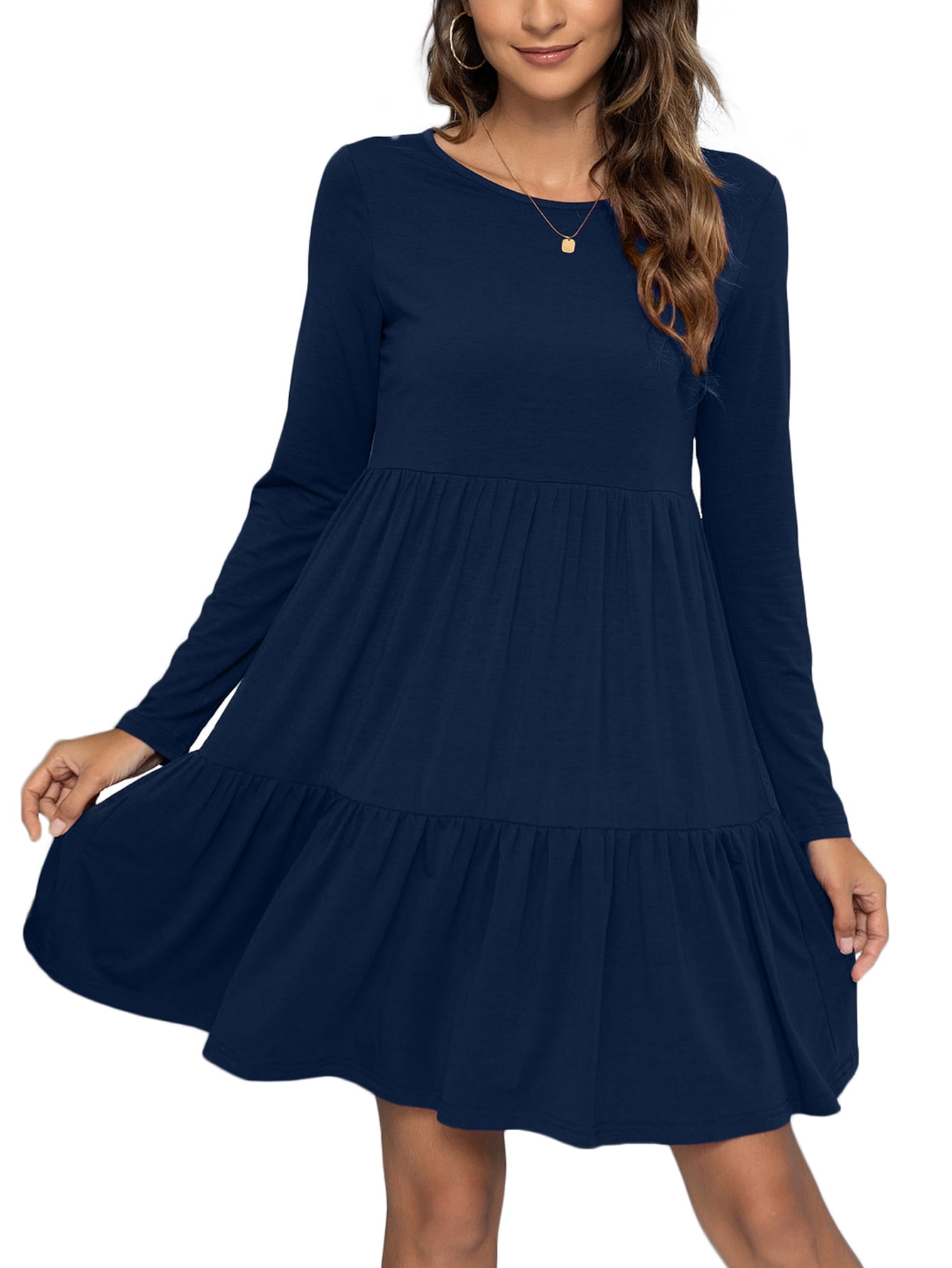 CALIPESSA Womens Fall Tiered Ruffle Hem Navy Blue Knee Length Dress