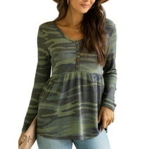 CALIPESSA Womens Fall Waffle Knit Camo Tunic Peplum Tops Long Sleeve Casual Flowy Green Henley Shirt