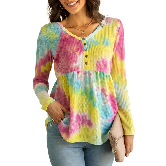 CALIPESSA Womens Fall Waffle Knit Tie Dye Tunic Peplum Tops Long Sleeve Casual Flowy Multicolor Henley Shirt