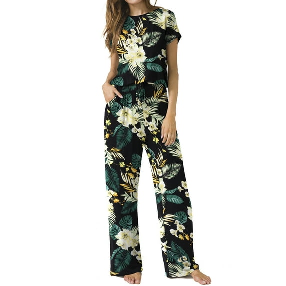 CALIPESSA Womens Floral Print Round Neck Loose Wide Legs Casual Summer Jumpsuits