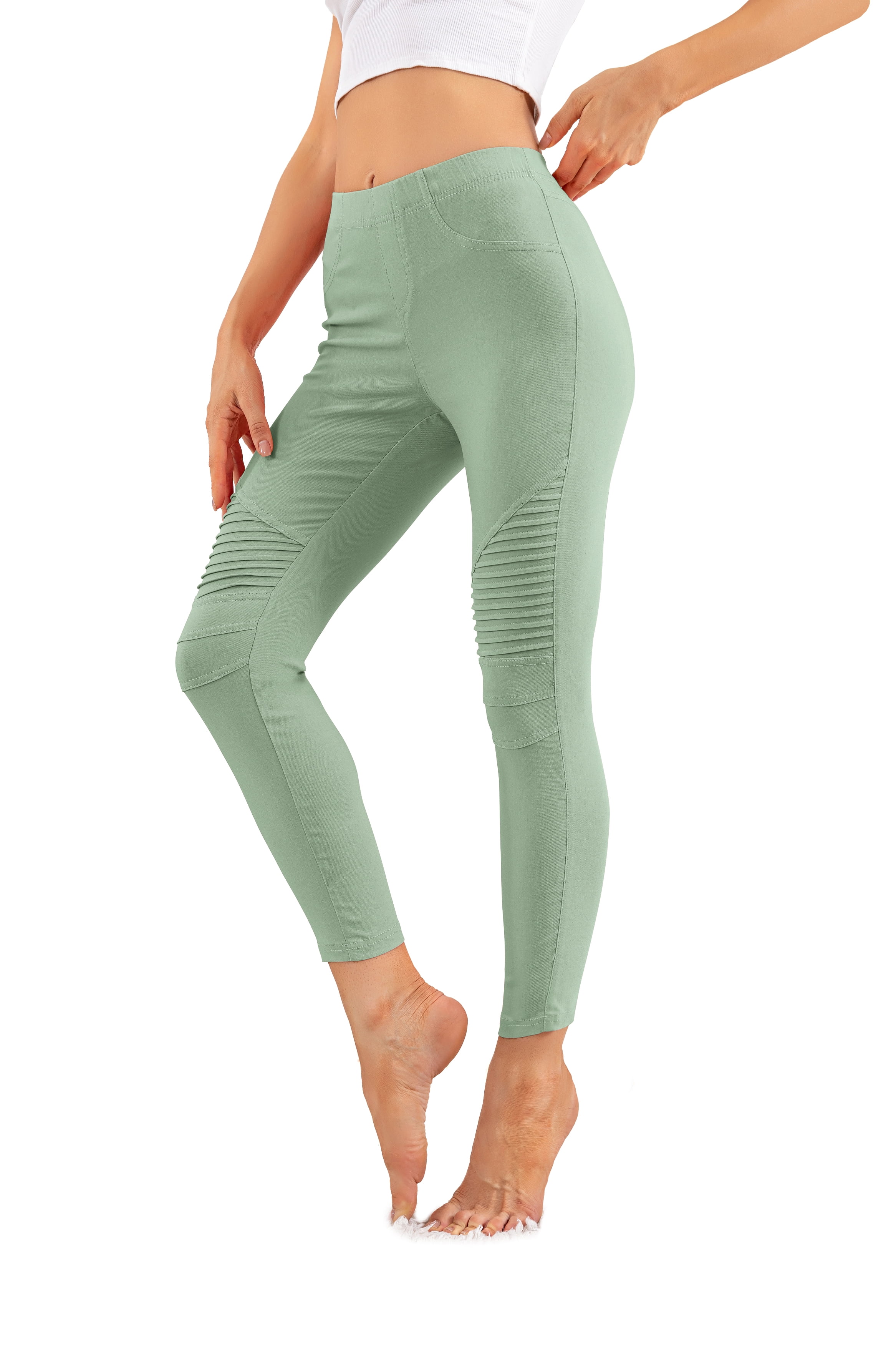 CALIPESSA Womens Green Crease Detail Skinny Leggings Elastic Waist