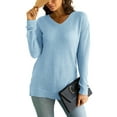 thumbnail image 1 of CALIPESSA Womens Petite Waffle Knit Side Split Solid Tops V Neck Long Sleeve Casual Fall Pullover, 1 of 5
