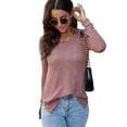 thumbnail image 1 of CALIPESSA Womens Petite Waffle Knit Side Split Solid Tops V Neck Long Sleeve Casual Fall Pullover, 1 of 5