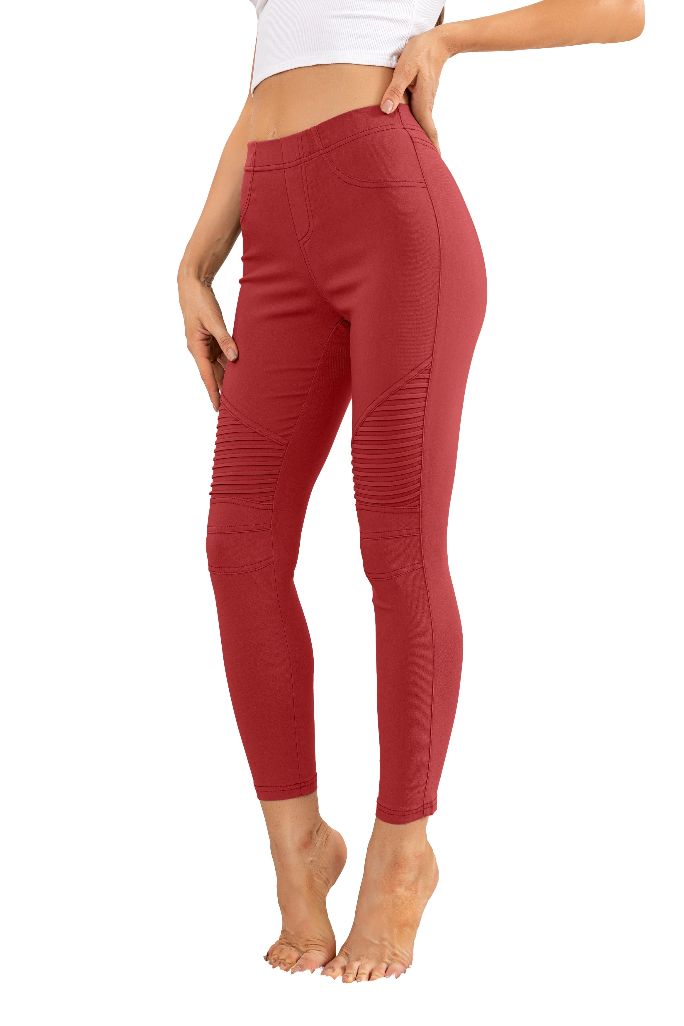 CALIPESSA Womens Red Crease Detail Skinny Leggings Elastic Waist Casual