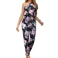 thumbnail image 1 of CALIPESSA Womens Summer Black Casual Flower Print Asymmetrical Neck Drawstring Waist Jumpsuit, 1 of 5