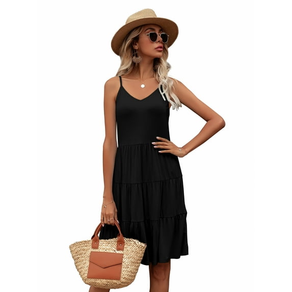 CALIPESSA Womens Summer Black Spaghetti Strap Tiered Layer Tunic Knee Dress Casual Loose Swing V Neck Sleeveless Ruffle Cami Dress