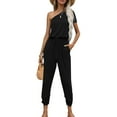 thumbnail image 1 of CALIPESSA Womens Summer Casual Black Asymmetrical Neck Drawstring Waist Jumpsuit, 1 of 5