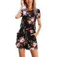 thumbnail image 1 of CALIPESSA Womens Summer Casual Floral Print Black Round Neck Drawstring Waist Tee Romper, 1 of 5