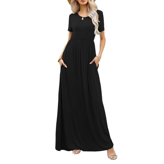CALIPESSA Womens Summer Casual Loose Swing Black Floor Long Maxi Dress With Pocket