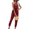 thumbnail image 1 of CALIPESSA Womens Summer Casual Rad Asymmetrical Neck Drawstring Waist Jumpsuit, 1 of 5
