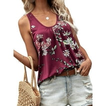 CALIPESSA Womens Summer Fashion Sleeveless Floral Print Scoop Neck Racerback Casual Red Tank Top