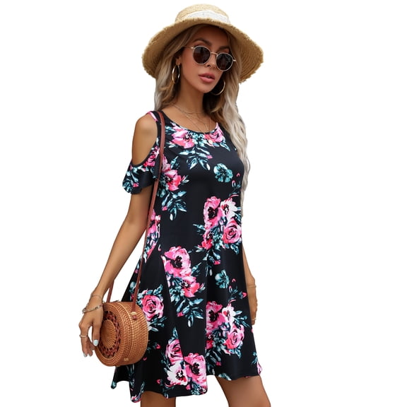 CALIPESSA Womens Summer Floral Print Black Cold Shoulder Short Sleeve Round Neck Flared Tunic A-Line Dress