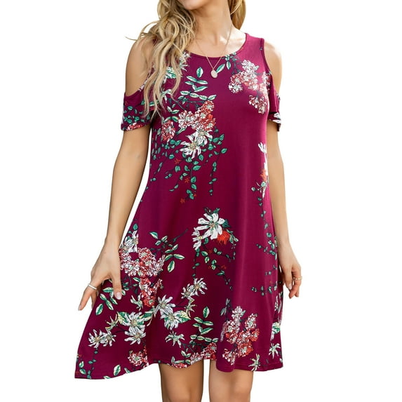 CALIPESSA Womens Summer Floral Print Red Cold Shoulder Short Sleeve Round Neck Flared Tunic A-Line Dress