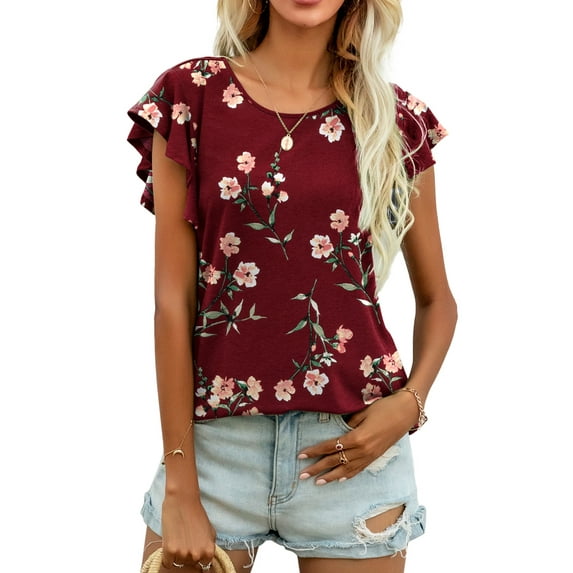 CALIPESSA Womens Summer Floral Print Short Sleeve Round Neck Tunic Tops Loose Fit Casual T-Shirt