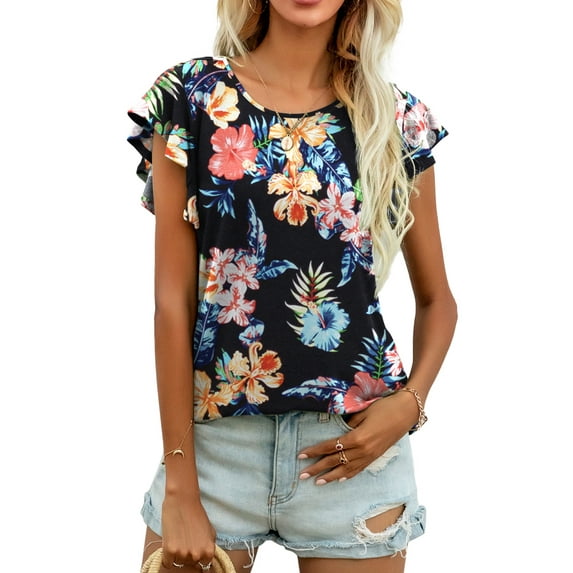 CALIPESSA Womens Summer Floral Print Short Sleeve Tunic Tops Loose Fit Casual Round Neck T-Shirt