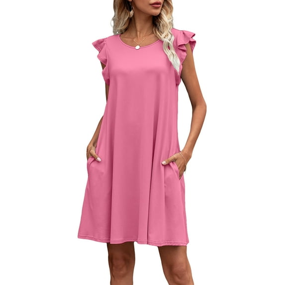 CALIPESSA Womens Summer Pink Ruffle Sleeve Casual Swing Flowy Sleeveless Round Neck A-Line Short Dress With Pocket