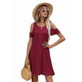 thumbnail image 1 of CALIPESSA Womens Summer Red Cold Shoulder Short Sleeve Round Neck Casual Flared Tunic A Line Dress, 1 of 5