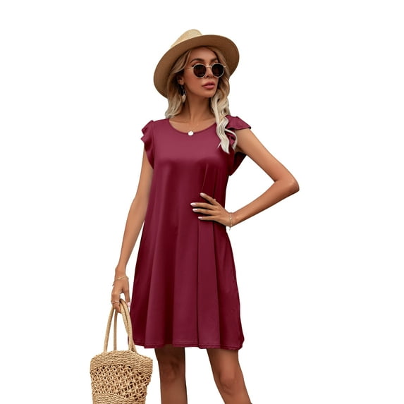 CALIPESSA Womens Summer Red Ruffle Armhole Solid Round Neck Sleeveless A Line Pocket Casual Dress