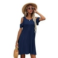 thumbnail image 1 of CALIPESSA Womens Summer Solid Cold Shoulder Short Sleeve Round Neck Casual Flared Tunic A Line Dress, 1 of 5