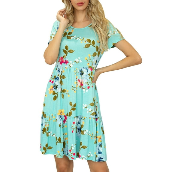 CALIPESSA Womens Summer Tiered Layer Green Floral Print Short Dress Casual Swing Flowy Short Sleeve Ruffle Tunic Dresses