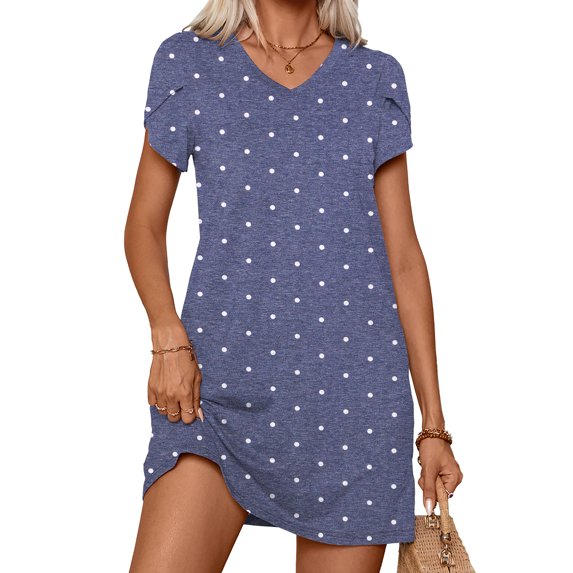 CALIPESSA Womens Summer Tshirt Dresses V Neck Cute Petal Sleeve Casual Mini Dress Polka Dot Blue S